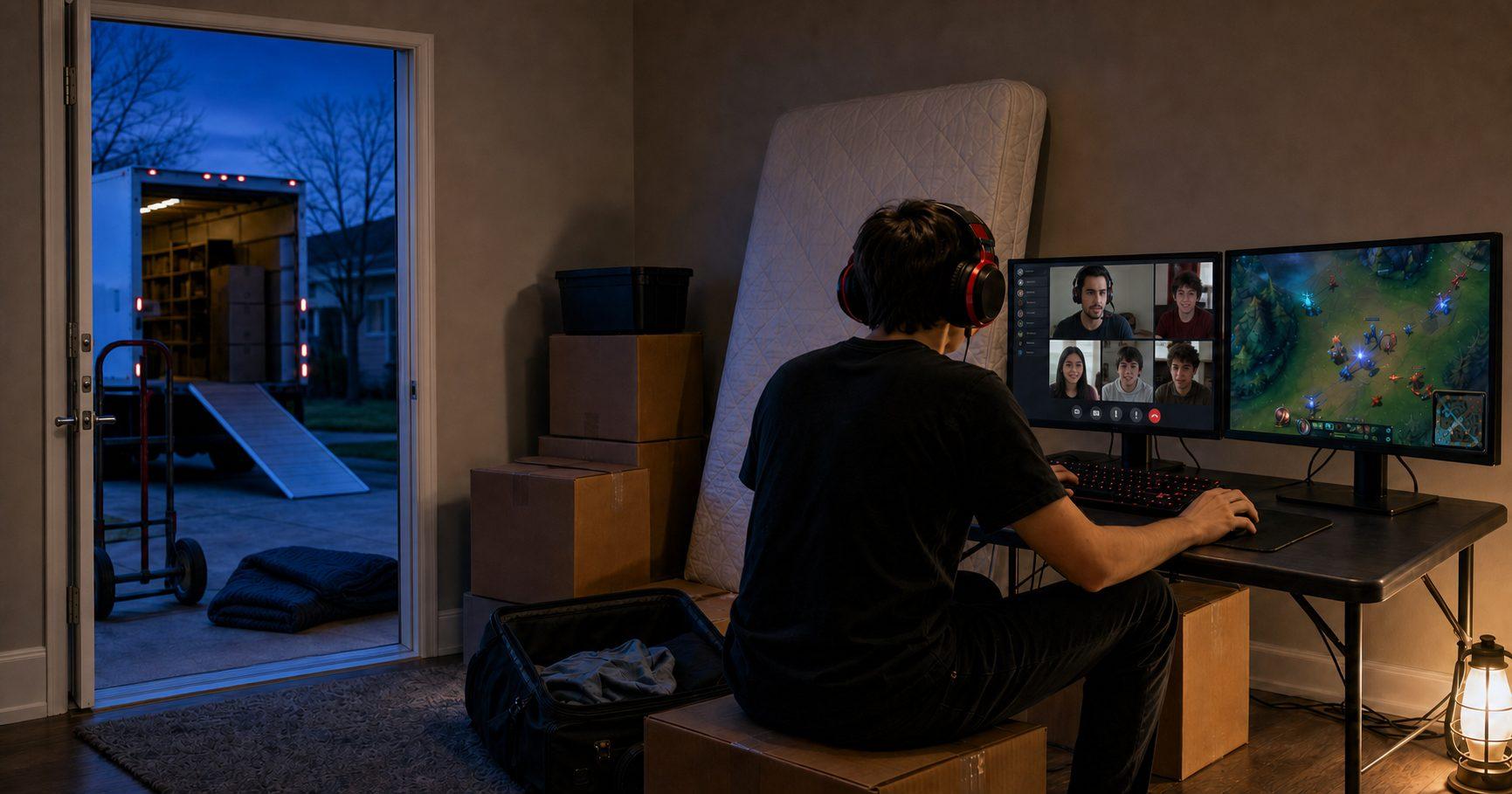 A teenager sits with their back to the camera at a desk in a half-unpacked room, teammates on one monitor and a game on the other, while a moving truck waits outside the open door at dusk.