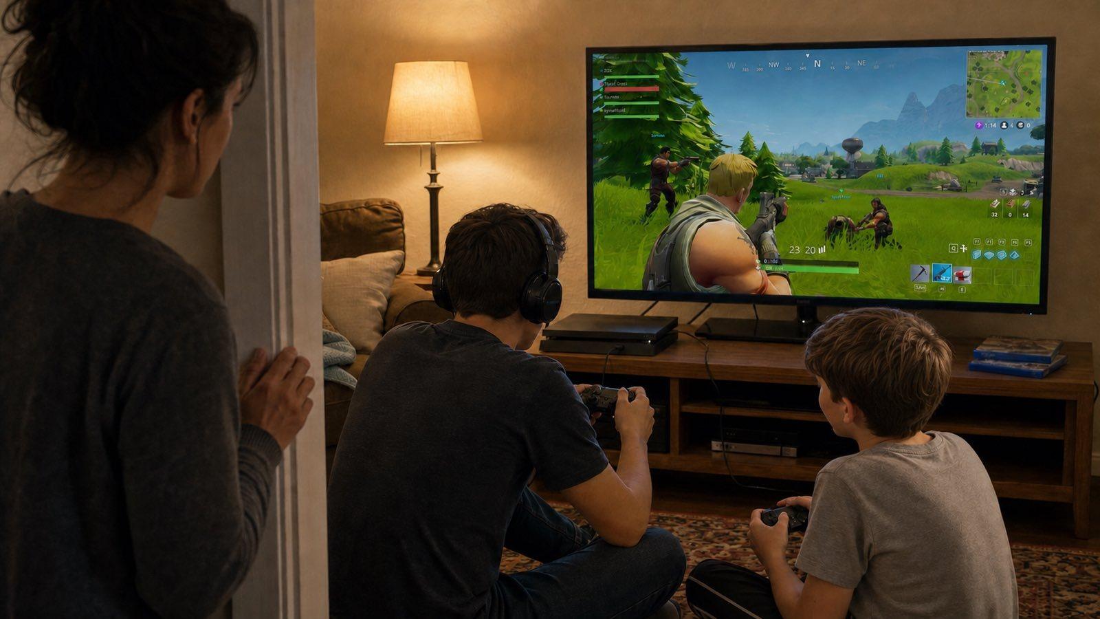 A mother stands in a doorway at night watching her two sons play Fortnite on the living-room television, both boys seen from behind on the floor with controllers, the older one wearing a headset.