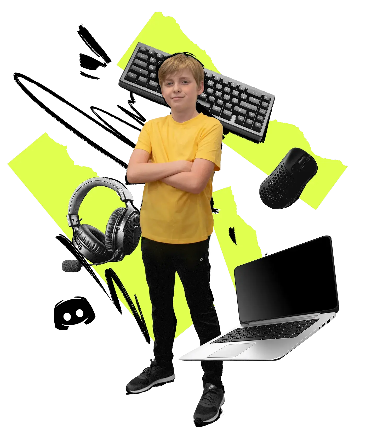 Laptop, headphones, keyboard, and game console collage