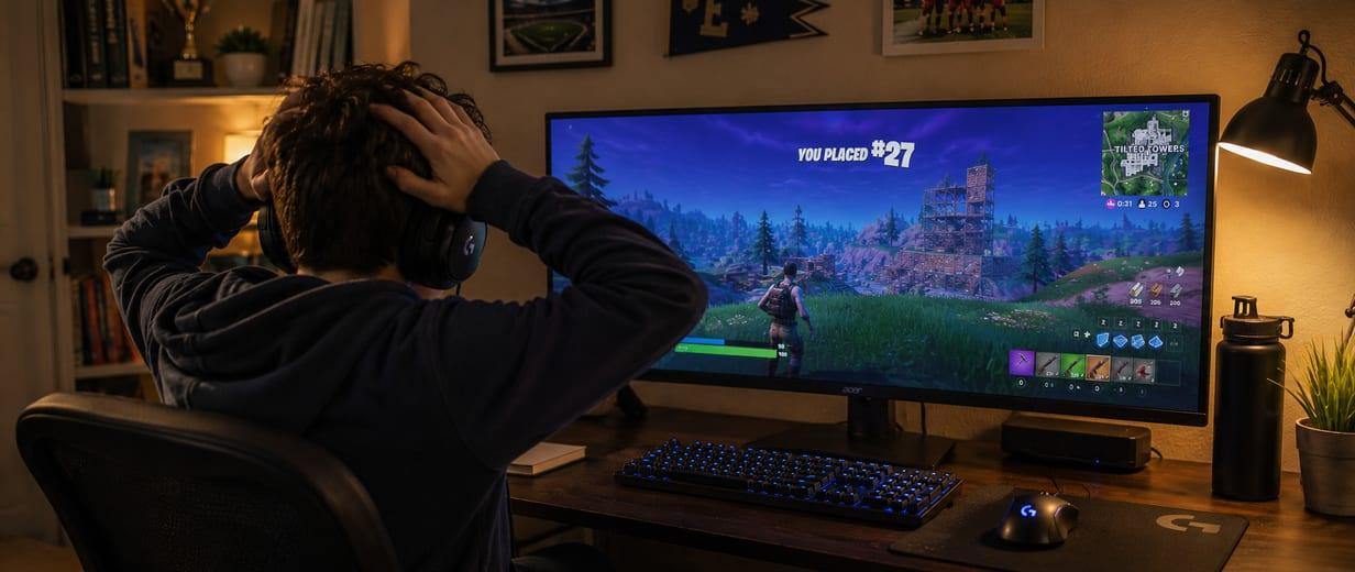 A kid seen from behind at a desk, hands on their head after a loss on screen, in a warmly lit room.