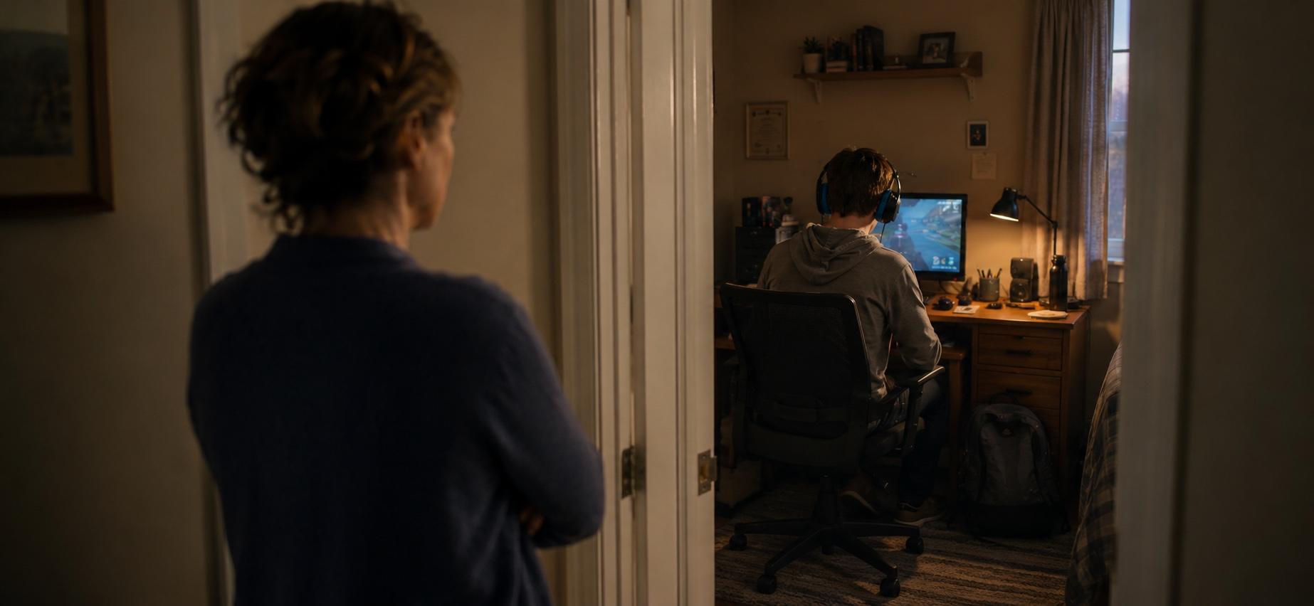 A mother stands in a bedroom doorway watching her teenage son play a video game at his desk, headset on, in the warm light of his room.